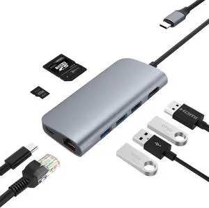 Basix T7 USB C Hub, 8 in 1 Multi-Port Type C Adapter Thunderbolt 3 with Type C Pd 2.0 Charging Port, HDMI Output, 3 USB 3.0 Ports, Gigabit Ethernet Port, SD/MicroSD Card Reader (Gray)