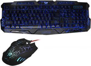 ESTONE Backlit Gaming Keyboard Mouse Combo, Cool Multimedia 3 colors LED Illuminated Backlight USB Wired Gaming Keyboard PC, 3 Color Blue/Red/Purple LED Backlit Crack Keyboard and Mouse