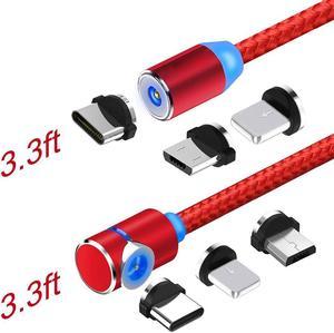 ESTONE USB Magnetic Cable, Micro iphone and Type C 3in1, 90 Degree Right Angle,Nylon Braided Cord,360 Magnetic Charging Cable with Led Light,for Mirco , Type C, iphone,(2-Pack, 3.3ft, Red)