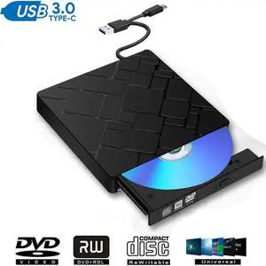 ESTONE External CD DVD Drive,USB 3.0 Type-C Slim Portable CD/DVD Writer/Rewriter/Burner,High Speed Data Transfer USB Optical Drives Player Compatible with Laptop Desktop PC Windows Linux Mac OS, Black
