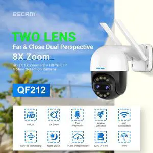 ESCAM QF212 4MP 8Xzoom far&close two lens two screens viewing Pan/Tilt AI Humanoid Detection Auto Tracking Cloud Storage Waterproof WiFi IP Camera with Two Way Audio Night Vision