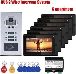 Wired WIFI 7 Inch Monitor BUS 2 Wire Video Door Phone Intercom systems Kit for home 2 Units Apartment Night Vision Support Remote APP Doorbell, 1 doorbell + 6 monitor