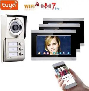 7" HD Screen Wired WiFi Door Phone System Doorbell Home Apartment Video Intercom System, Remote Phone Tuya APP Control unlocking, Video Recording, 2-Way Audio, Motion Detection, 1 doorbell + 3 monitor