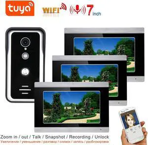 7" HD Monitor Wired WiFi Door Phone System Doorbell Home Apartment Video Intercom System,Phone Tuya APP Remote Control Unlocking, Video Recording, 2-Way Audio, Motion Detection, 1 doorbell + 3 monitor
