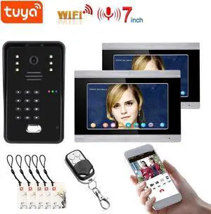 7" HD Monitor Wired WiFi Door RFID System Doorbell Home Apartment Video Intercom System, Tuya APP Phone Remote Control Unlocking, Video Recording 2-Way Audio Motion Detection,1 doorbell + 2 monitor