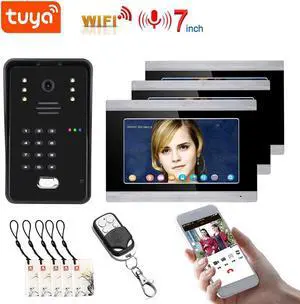 7" HD Monitor Wired WiFi Door RFID System Doorbell Home Apartment Video Intercom System, Tuya APP Phone Remote Control Unlocking, Video Recording 2-Way Audio Motion Detection, 1 doorbell + 3 monitor