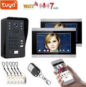 7" HD Monitor Wired WiFi Door RFID Fingerprint Doorbell Home Video Intercom System, Tuya APP Phone Remote Control Unlocking, Video Recording 2-Way Audio Motion Detection,1 doorbell + 2 monitor