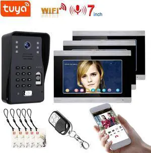 7" HD Monitor Wired WiFi Door RFID Fingerprint Doorbell Home Video Intercom System, Tuya APP Phone Remote Control Unlocking, Video Recording 2-Way Audio Motion Detection,1 doorbell + 3 monitor