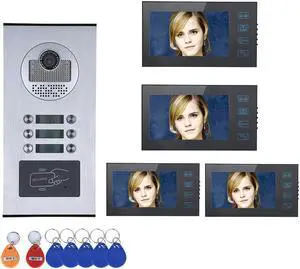 3 Units Apartment Doorbell, 7" LCD Monitor Wired Door RFID Multi-family Doorbell Home Apartment Video Intercom System, 2-Way Audio for Home Apartment, Monitor Control Unlocking, 1 doorbell + 4 monitor