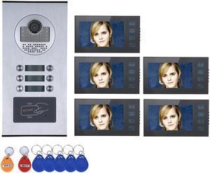 5 Units Apartment Doorbell, 7" LCD Monitor Wired Door RFID Multi-family Doorbell Home Apartment Video Intercom System, Monitor Control Unlocking, 2-Way Audio for Home Apartment, 1 doorbell + 5 monitor