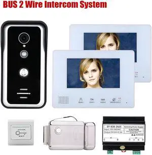 7 Inch LCD display 2-Wire 2pin Wire Video Door Phone Intercom Home doorbell Systems + Power Supply Controller + Electronic Door Lock + EXIT Switch for home Doorbell,1 doorbell + 2 monitor