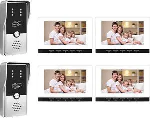 Visipower White 7" Monitor Wired Multi Room Unlock Visual Intercom System Villa Apartment Doorbell with Night Vision and Mobile Phone NFC unlocking, 2* outdoor doorbell+ 4* indoor monitor