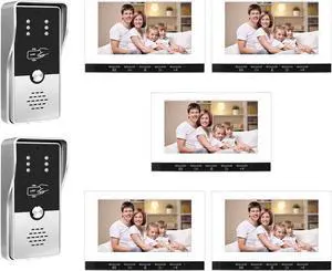 VisiPower White 7" Monitor Wired Multi Room Unlock Visual Intercom System Villa Apartment Doorbell with Night Vision and Mobile Phone NFC unlocking, 2* outdoor doorbell+ 5* indoor monitor