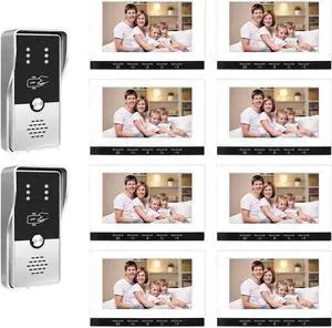 VisiPower White 7" Monitor Wired Multi Room Unlock Visual Intercom System Villa Apartment Doorbell with Night Vision and Mobile Phone NFC unlocking, 2* outdoor doorbell+ 8* indoor monitor