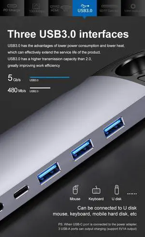 VisiPower 10 in 1 Type-C to HDMI 4K@30Hz, VGA, USB 3.0*3 PD Charging, TF / SD Micro Card Reader, Gigabit RJ45 Port, 3.5mm Headphone Jack PC Mobile Phone Docking Station Extension Hub Converter Adaptor