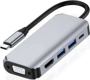 VisiPower 5 in 1 Type-C  / USB-C to HDMI 4K@30Hz + PD Charging + USB 3.0 + USB 2.0+ VGA Extension Adapter Converter, PC Mobile Phone laptop 5-in-1 Docking Station Extension Hub Converter Adaptor Cable