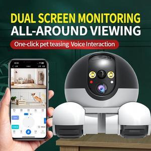 Movable 2MP+2MP Dual Lens Dual Screen Pet Robot WiFi Smart Home Security Camera P 360°/T 90° Rotation with Battery 2 Way Audio Motion Detection Alerts Full Color Night Vision Cat Dog Camera
