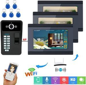 7inch 3 Monitors Wired / Wireless Wifi Fingerprint RFID Password Video Door Phone Doorbell Intercom Entry System with IR-CUT 1000TVL Wired Camera