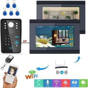 7inch 2 Monitors Wired / Wireless Wifi RFID Password Video Door Phone Doorbell Intercom Entry System with IR-CUT 1000TVL Wired Camera Night Vision Remote APP