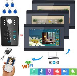 7inch 3 Monitors Wired / Wireless Wifi RFID Password Video Door Phone Doorbell Intercom with IR-CUT 1000TVL Wired Camera Remote APP unlocking