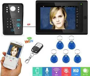 7inch Wired / Wireless Wifi RFID Password Video Door Phone Doorbell Intercom with 1000TVL Wired Camera Remote APP