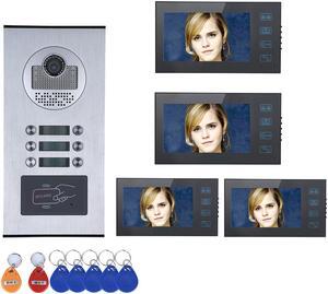 4 Units Apartment Doorbell, 7" LCD Monitor Wired Door RFID Multi-family Doorbell Home Apartment Video Intercom System, Monitor Control Unlocking, 2-Way Audio for Home Apartment, 1 doorbell + 4 monitor