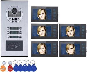 5 Units Apartment Doorbell, 7" LCD Monitor Wired Door RFID Multi-family Doorbell Home Apartment Video Intercom System, Monitor Control Unlocking, 2-Way Audio for Home Apartment, 1 doorbell + 5 monitor