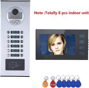8 Units Apartment Doorbell, 7" LCD Monitor Wired Door RFID Multi-family Doorbell Home Apartment Video Intercom System, Monitor Control Unlocking, 2-Way Audio for Home Apartment, 1 doorbell + 8 monitor