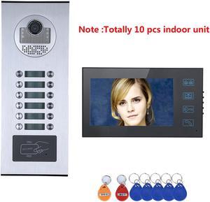 10 Units Apartment Doorbell, 7" LCD Monitor Wired Door RFID Multi-family Doorbell Home Apartment Video Intercom System, Monitor Control Unlocking, 2-Way Audio for Home Apartment, 1 doorbell + 10 monit