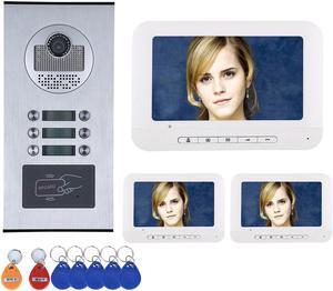 3 Units Apartment Video Intercom System, 7 Inch Monitor Screen Wired Video Multi-family Doorbell Door Phone Kits, Indoor Outdoor IR Camera, Monitoring, Unlock, 2 Way Intercom, 1 doorbell + 3 monitor