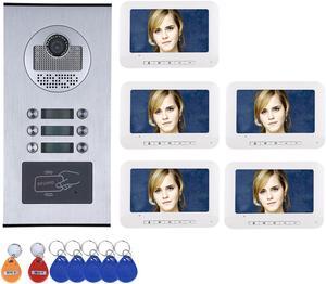 5 Units Apartment Video Intercom System, 7 Inch Monitor Screen Wired Video Multi-family Doorbell Door Phone Kits, Indoor Outdoor IR Camera, Monitoring, Unlock, 2 Way Intercom, 1 doorbell + 5 monitor