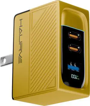 Haurve 100W 3-in-1 GaN Fast Charger, Multiport USB-C & USB-A Wall Charger  Compatible with Smartphones, Tablets, Laptops, Foldable Charger, Charger Display, Led Indicator Light, Includes USB-C Cable