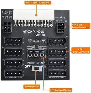 Cablecc ATX PSU Server Power Board 24Pin to IDE 8x 4Pin +2x 6Pin Power Supply Board for CHIA ETH BTC Mining Miner