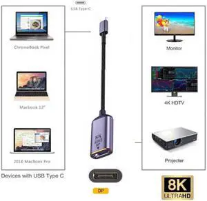 Cablecc USB4 USB-C Type-C Source to Displayport DP Female Cable Display 8K 60HZ UHD 4K Monitor Displays