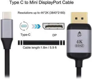Cablecc USB 3.1 Type C USB-C Source to DisplayPort DP Displays Male 4K Monitor Cable for Laptop 1.8m