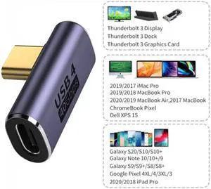 Cablecc 40Gbps USB4 Type C Male to Female Low Profile Right Angled 100W Power Data 8K Video Adapter for Laptop Phone
