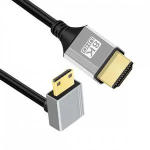 Chenyang 90 Degree Down Angled Mini HDMI 2.1 Ultra Thin HDTV Cable 8K 4K Hyper Super Flexible Slim Cord Type-A to Type-C for Camera HDTV