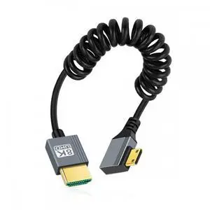 CY 90 Degree Left Angled Mini HDMI 2.1 Male to HDMI Male 8K 60hz Stretch Coiled Cable 100cm for HDTV Computer Laptop Monitor