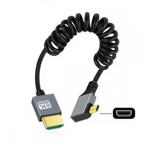 CY 90 Degree Right Angled Micro HDMI 2.1 Male Type-D to HDMI Male 8K 60hz Stretch Coiled Cable 100cm for HDTV Camera Laptop Monitor