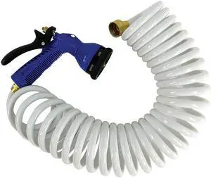 WHITECAP 50' WHITE COILED HOSE WITH ADJUSTABLE NOZZLE