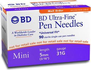 BD Ultra-Fine Mini Pen Needles 5MM 3/16 inch 31 Gauge 3 Box of 90