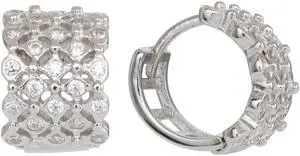 925 Sterling Silver Huggie Hoops Earrings with 4 row Cubic Zirconia ( CZ) Rhodium Plated EH005-10MM