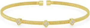 Solid 925 Sterling Silver Ridged Cubic Zirconia CZ Flower Cuff Bracelet Gold plated