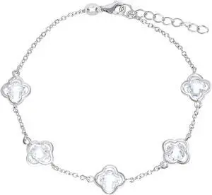 Solid Silver 925 Rhodium Plated 6 mm. Round Clear Cubic Zirconia Flower Bracelet Adjustable Lock
