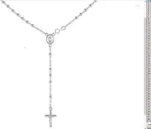 925 Sterling Silver Italian 6mm Rosary Beads Chain with Cross Necklace 24" Rosario