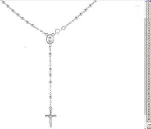 925 Sterling Silver Italian 4mm Rosary Beads Chain with Cross Necklace 26" Rosario