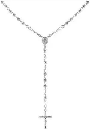 925 Sterling Silver Diamond Cut Italian 3mm Rosary Beads Chain with Cross Necklace 18" Rosario