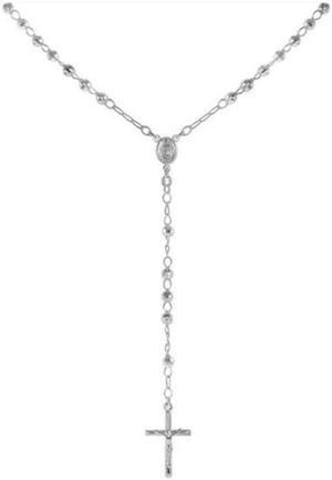 925 Sterling Silver Diamond Cut Italian 3mm Rosary Beads Chain with Cross Necklace 20" Rosario