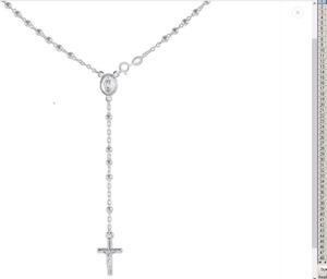 925 Sterling Silver Italian 3mm Rosary Beads Chain with Cross Necklace 24" Rosario