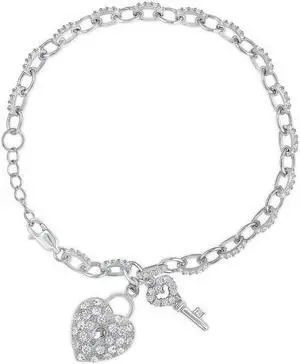 Solid 925 Sterling Silver Heart & Key Charm Bracelet Cubic Zirconia Rhodium Plated 7 Inch